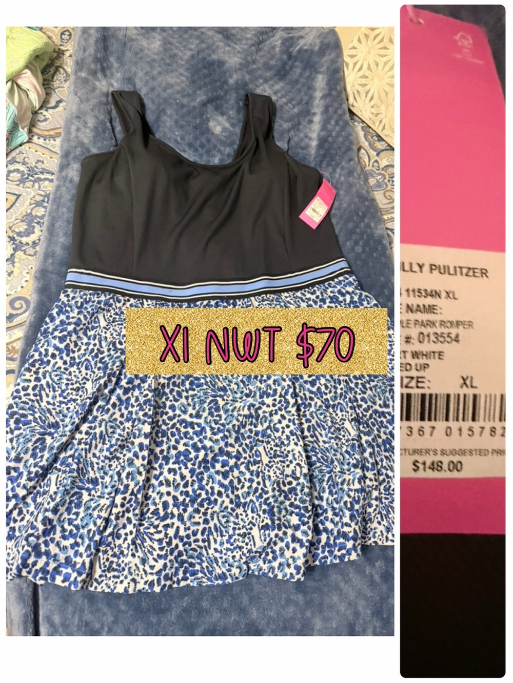 Lilly Pulitzer Black Top with Blue Leopard-Print Skirt Mini Dress